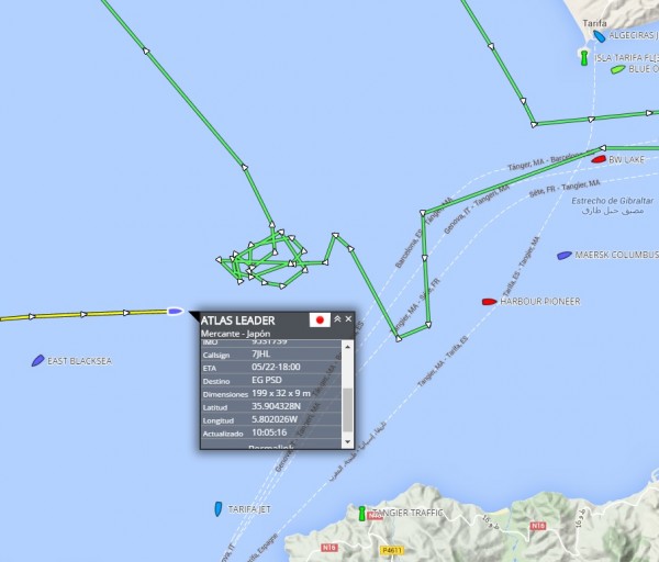 Posición del rastro de la patera y el barco que muestra la posición SAR español. / Localizatodo